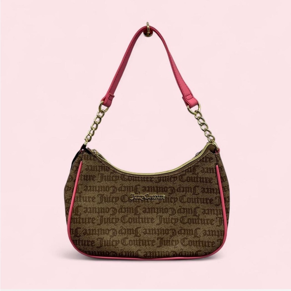 Juicy Couture Brown Logo Canvas Shoulder Bag with Pink Trim